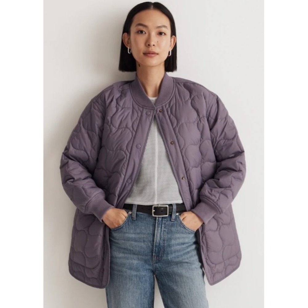 Madewell Quilted Oversized Bomber Jacket Womens M Purple Snap Front Puffer
